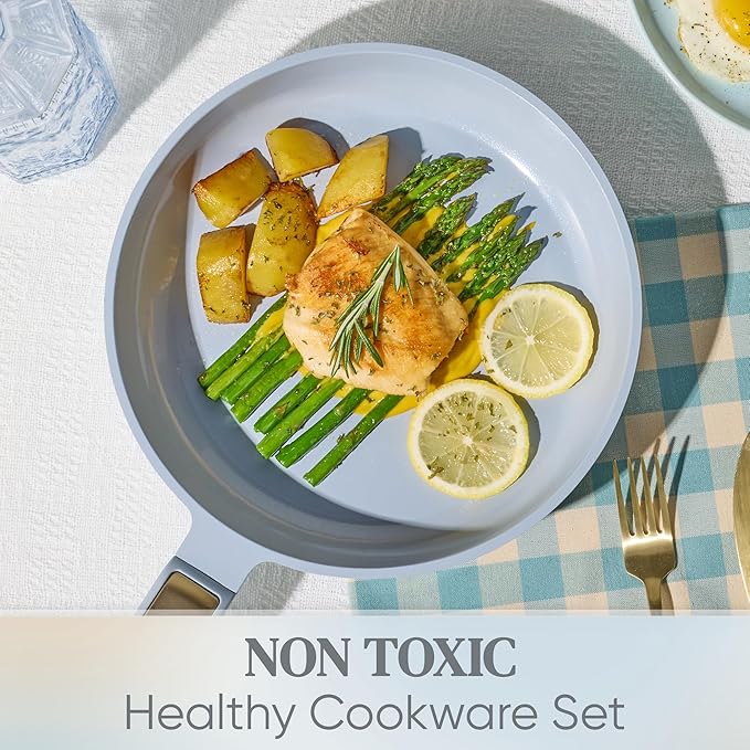 CAROTE Ceramic Cookware Set Nonstick 14pcs Pots and Pans Set Nonstick Non-Toxic &amp PFAS-Free Dishwasher RV/Camping Cookware Set Cooking Pots with Lids Pastel Blue