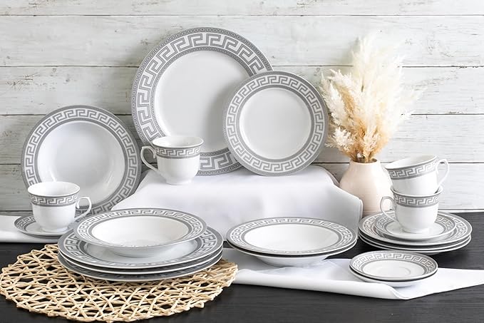 Luxurious 20 Piece Dinnerware Set - Service for 4 - Vintage Silver Greek Key Edge Design - Elegant Ceramic Plates and Bowls - Classic Dish - Kitchen Plates Set for 4 (Meander Silver 2020)