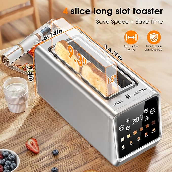 4-Slice Smart Toaster with Digital Touchscreen &amp 1-Touch Memory for Family | Stainless Steel Extra-Wide Long Slots for Bagels &amp Artisan Bread | All-in-One Defrost Reheat &amp Single-Slice M