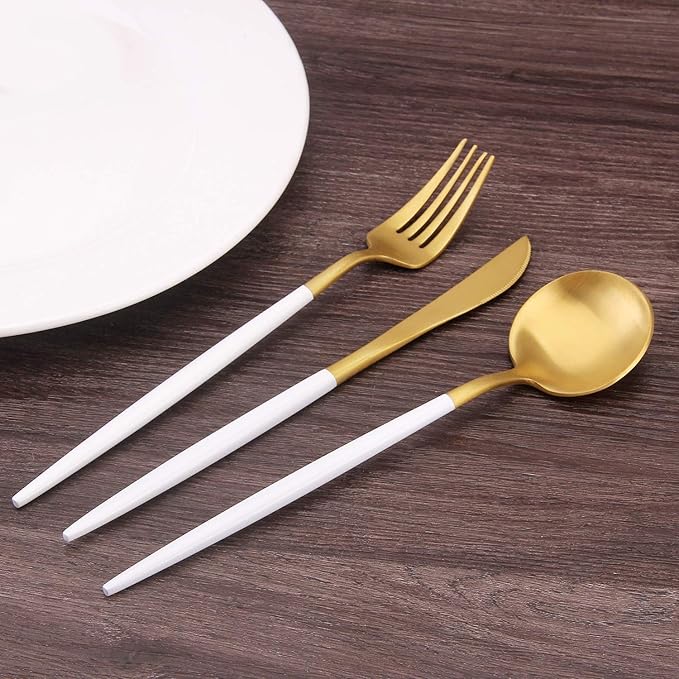 Matte Gold Silverware Set with white handle Bysta 20-Piece Stainless Steel Flatware Set Kitchen Utensil Set Service for 4 Tableware Cutlery Set for Home and Restaurant Dishwasher Safe