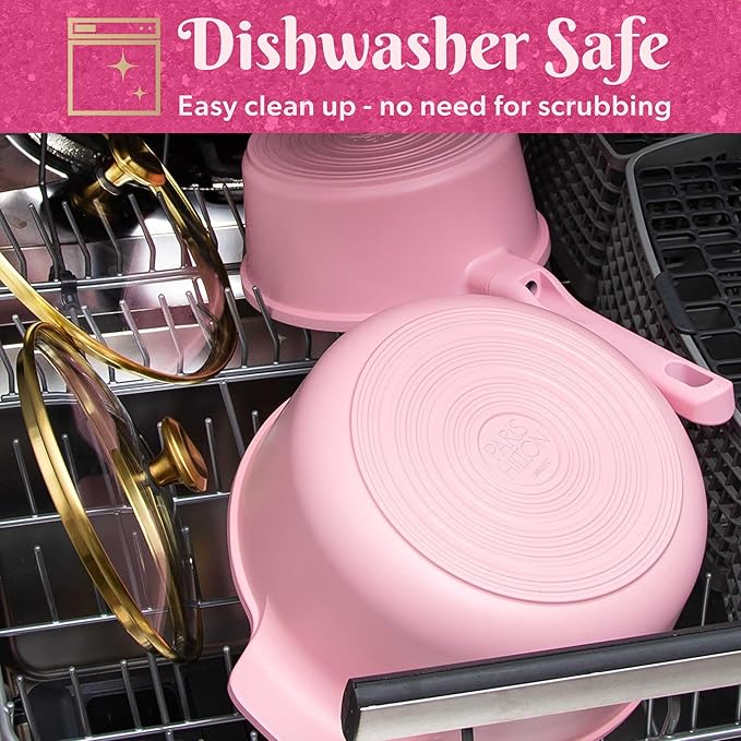 Paris-Hilton 10-Piece Nonstick Cast Aluminum Cookware Set with Ceramic Coating &amp Heart-Shaped Knobs – Durable Easy-Clean Pots &amp Pans with Lids for Stylish Home Cooking (Pink)