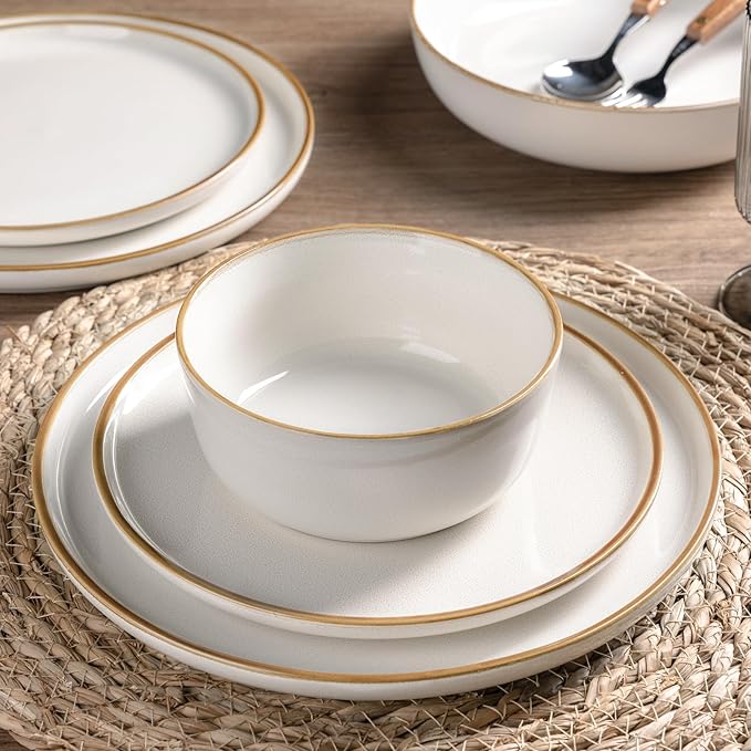 GBHOME Ceramic Dinnerware Sets for 4 12 Pieces Stoneware Plates and Bowls Sets Scratch Resistant Dishes Dishwasher &amp Microwave Safe Reactive Glaze-White