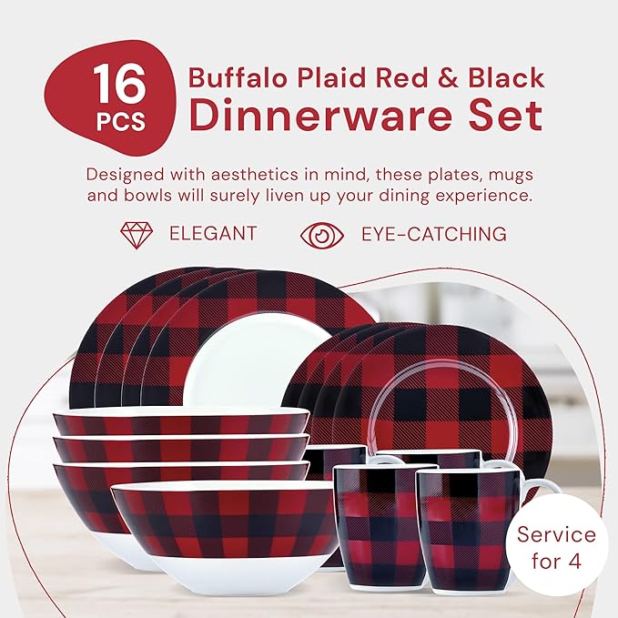 Safdie &amp Co. 16-Piece Red Black Plaid Dinnerware Set Porcelain Includes Bowls Plates and Mugs Dishwasher Safe
