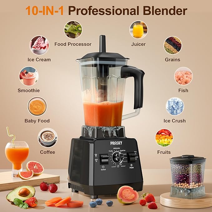 Professional BlenderSmoothies Blenders PRASKY Max.2400Watts/1000Watts Blender and Grinder Combo 25000RPM Powerful Kitchen 68oz BPA Free 2 Containers Countertop Blenders Ice Crushing Juice（Black ）