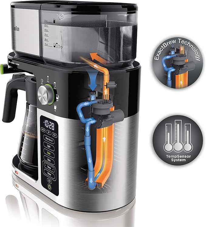 Braun MultiServe Coffee Machine 7 Programmable Brew Sizes / 3 Strengths + Iced Coffee &amp Hot Water for Tea Glass Carafe (10-Cup) Stainless/Black KF9150BK