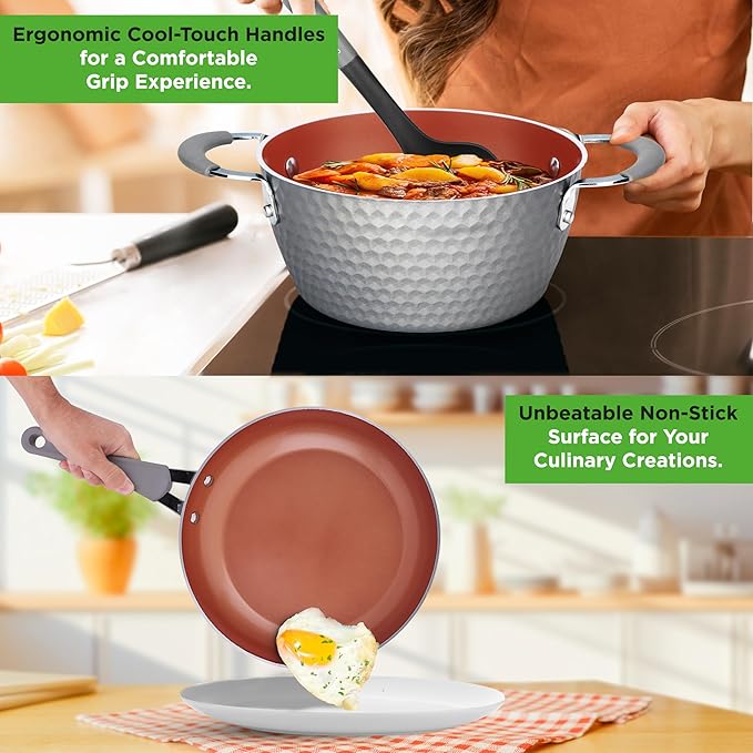 NutriChef 11 Pc Nonstick Cookware - PTFE/PFOA/PFOS Free Kitchenware Pots &amp Pans Set with Saucepan Frying Pans Cooking Pots Lids Utensils Gray