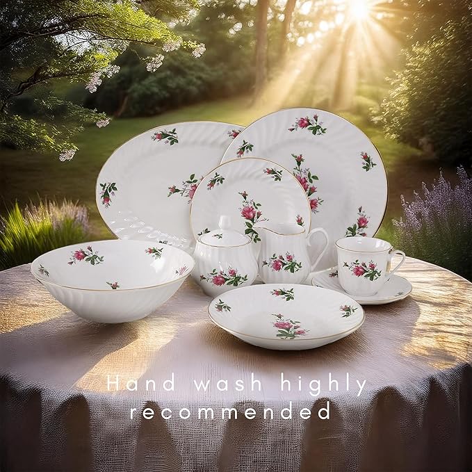 Lynns Paradise 45-Piece Vintage Rose Dinnerware Set 24K Gold Trim | Embossed Swirl Floral Plates &amp Bowls | Apartment Essentials | Home Kitchen Dinner Accessories