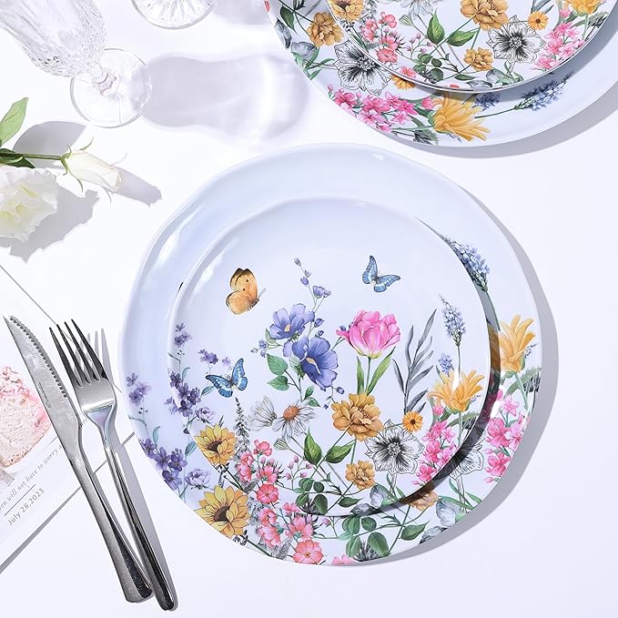 12 Piece Melamine Dinnerware Sets - Plates And Bowls Sets Floral Dinnerware Sets- Spring Camping Dishs Indoor Outdoor UseFlowers And Butterflies Pattern