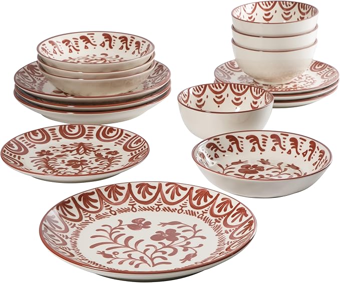 Bloomhouse - 2-Time Oprah’s Favorite Things - Valencia Flor 16 Piece Dinnerware Set Artisanal Decorated Stoneware Plates &amp Bowls Service for 4 Microwave &amp Dishwasher Safe Pomegranate Red