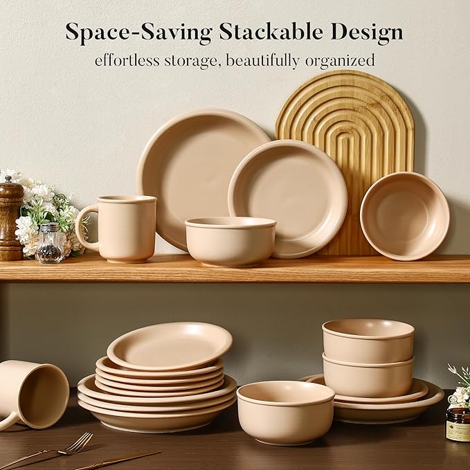 GZG Vintage Series - Ceramic Dinnerware Set for 4 12 Pieces Stoneware Plates and Bowls Set Lead-Free Handcrafted Dishes Set Microwave &amp Dishwasher Safe - Warm Apricot