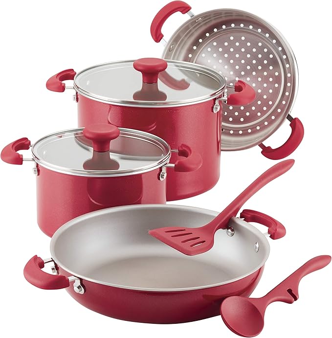 Rachael Ray 12166 8-Piece Create Delicious Stackable Nonstick Cookware Set Red Shimmer