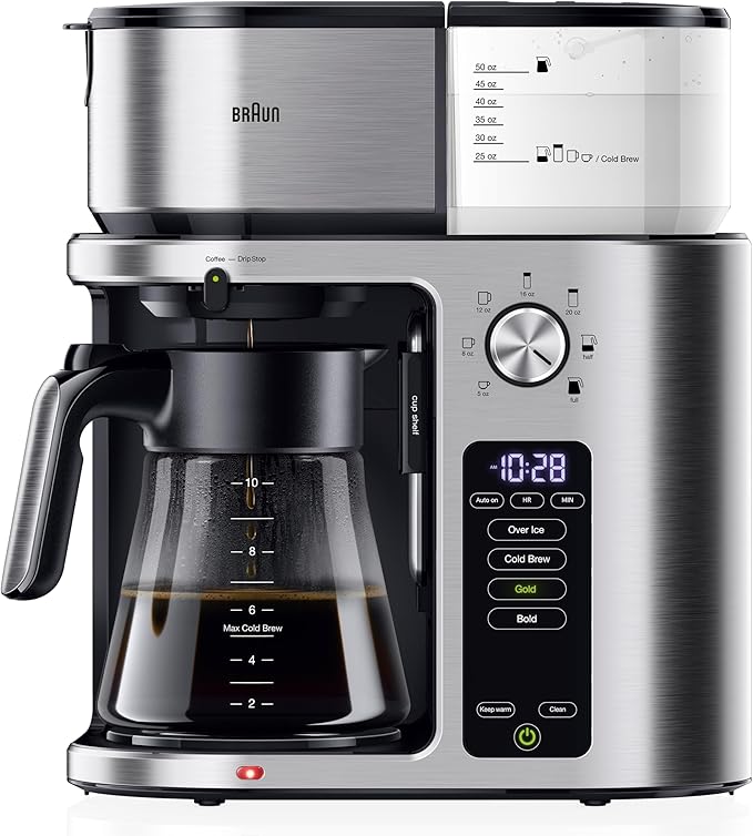 Braun MultiServe Plus 10-Cup Drip Coffee Maker - Hot &amp Cold Multi-Serve Brewer with Programmable Timer and Auto Start Over Ice Function Stainless Steel &amp Pod-Free Design KF9270SI