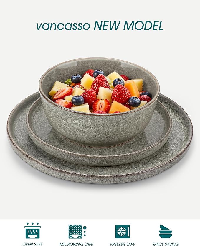 vancasso ANYA 18 Pieces Plates and Bowls Set Stone Grey Dinnerware Sets Reactive Glaze Dishes Set for 6 Ceramic Dishware Sets Kitchen Dinner Set Microwave &amp Dishwasher Safe