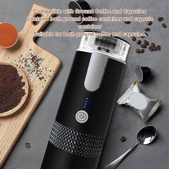 Portable Coffee Maker USB Rechargeable Cordless Coffee Machine Built in 1200mAh Battery Self Heating Maker for RV Camping Hiking Compatible with Ground &amp Capsule