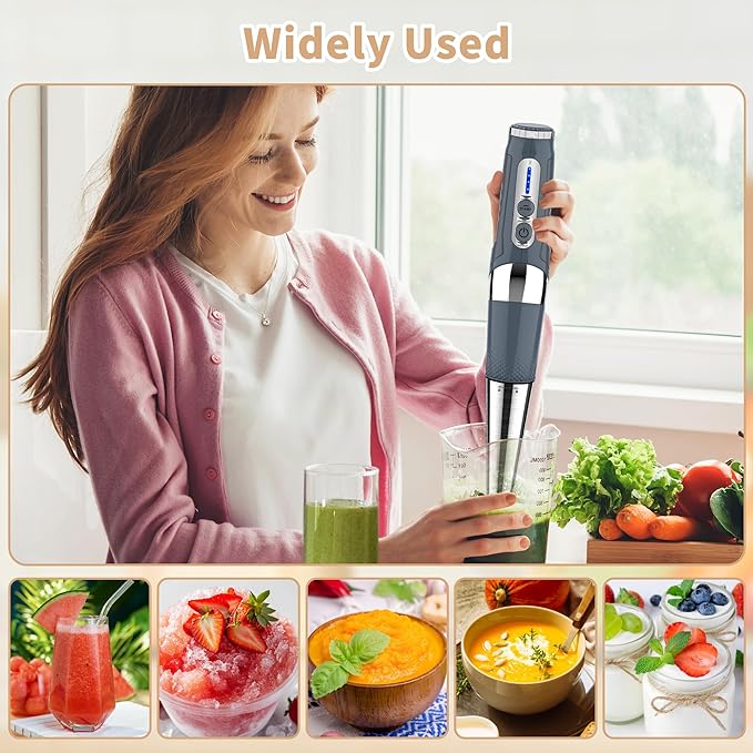 Toogel Cordless Immersion Blender Electric Hand Blender with 21-Speed &amp 3-Angle Adjust USB Rechargeable BPA-Free &amp Dishwasher Safe for Baby Food Smoothies Soup (Grey)