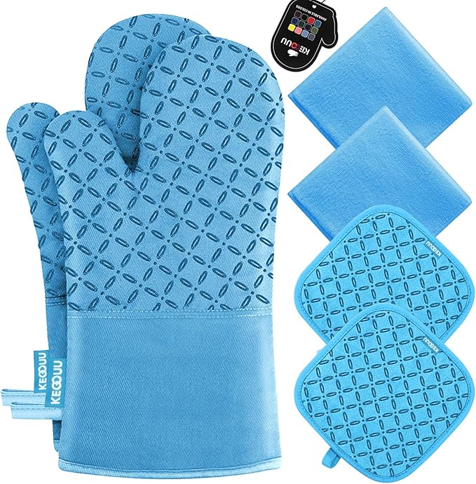 KEGOUU Oven Mitts and Pot Holders 6pcs Set Kitchen Oven Glove High Heat Resistant 500 Degree Extra Long Oven Mitts and Potholder with Non-Slip Silicone Surface for Cooking (Sky Blue)