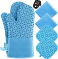 KEGOUU Oven Mitts and Pot Holders 6pcs Set Kitchen Oven Glove High Heat Resistant 500 Degree Extra Long Oven Mitts and Potholder with Non-Slip Silicone Surface for Cooking (Sky Blue)