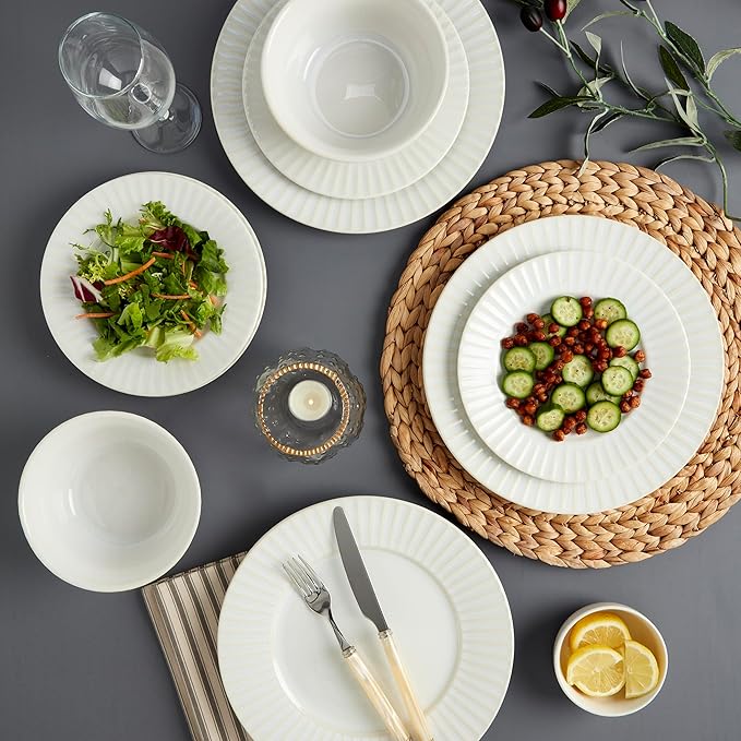 Tabletops Gallery Richmond 12-Piece Reactive Glaze Stoneware Dinnerware Set of Kitchen Dishes Dinner Plates Cereal Bowls Service for 4 White