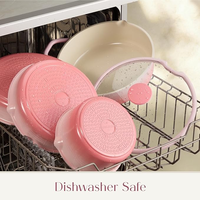CAROTE 20Pcs Titanium Cookware Set Pots and Pans Set Non Stick Kitchen Cooking Set with Detachable Handle Non Toxic Induction Cookware Dishwasher/Oven Safe Pink
