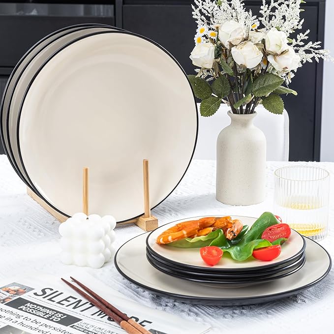 Plates and Bowls Sets for 4 - CJDC-QUELO 16-Piece Stoneware Dinnerware Sets Ceramic Dishware Set for Indoor Kitchen Use and Formal Dining Chip and Scratch Resistant Microwave Dishwasher Safe Ivory