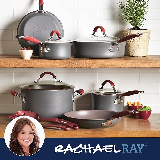 Rachael Ray - 87630 Rachael Ray Cucina Hard Anodized Nonstick Cookware Pots and Pans Set 12 Piece Gray with Red Handles