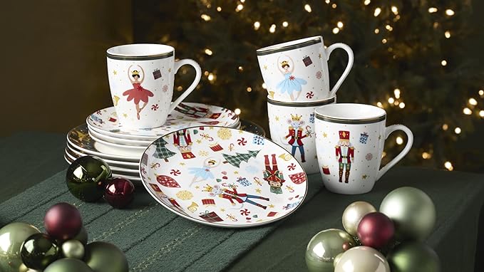 Lenox Dinnerware Set Nutcracker Ballet 12-Piece Dinnerware Set Service for 4 Made Of Porcelain Dishwasher/Microwave Safe Includes Plates and Bowls for Pasta and Salad Christmas Decor (12 Piece)