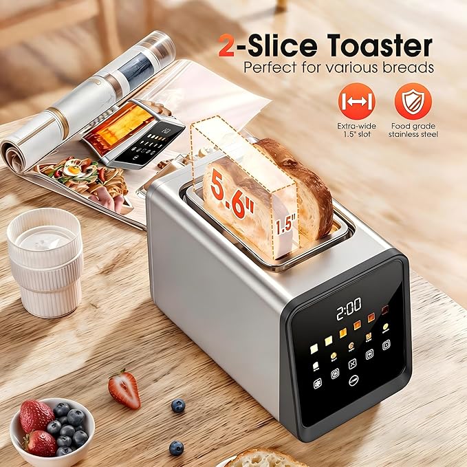 Toaster 2 Slice Wide Slot Stainless Steel Digital Toasters Best Rated Prime Touch Screen Toaster for 5 Bread Types/6 Shade Settings/Single Slot Toasting/Memory Function/Defrost/Reheat