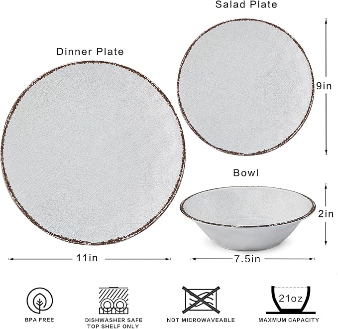 LEHAHA Farmhouse White Melamine Plates and Bowls Set White dishes Rustic Farmhouse Dinnerware Set Lightweight Melamine Dishes Set for 4 Perfect for RV Camper Dishwasher Safe