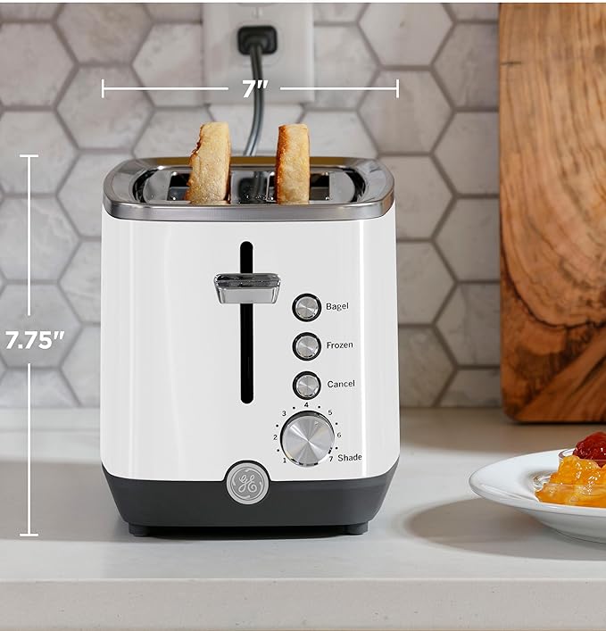 GE 2 Slice Toaster Extra Wide Slots for Toasting Bagels Breads Waffles &amp More 7 Adjustable Shade Settings Removable Crumb Tray Countertop Kitchen Essentials 850 Watts White