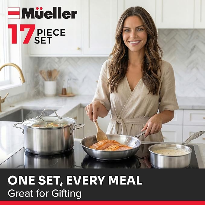 Mueller 17-Piece Stainless Steel Pots and Pans Set – Tri-Ply Ultra-Clad Pro Cookware Set Induction Ready Oven Safe Even-Heat Aluminum Core Includes Skillets Saucepans Dutch Oven Stockpot