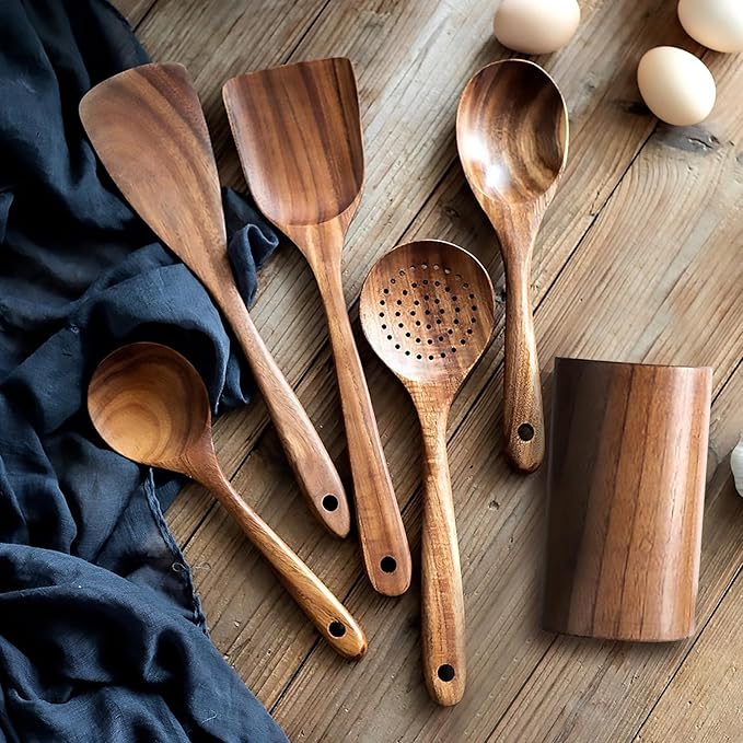 6 PCS Wooden Cooking Utensils Set Wooden Spoons for Cooking with Utensils Holder Comfort Grip Ideal for Nonstick Cookware