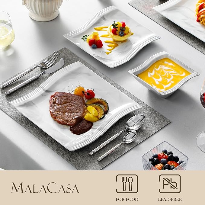 MALACASA Plates and Bowls Set 12-Piece Modern Porcelain Dinnerware for 4 Marble Square Ceramic Dish Set Microwave and Dishwasher Safe Flora Series