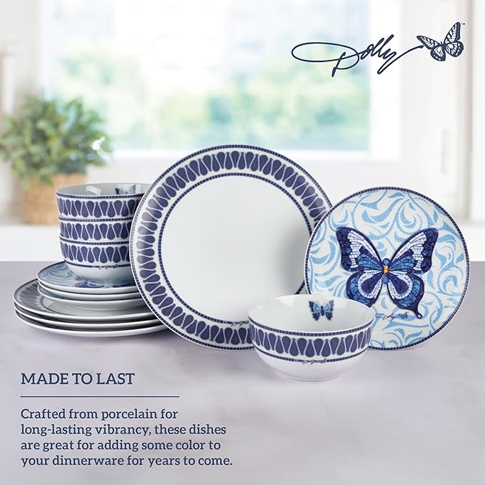 Dolly Parton 12 Piece Jeweled Mosaic Blue Butterfly Dinnerware Set Porcelain Dinner Plates Salad Plates Bowls Service for 4 Microwave Dishwasher Safe