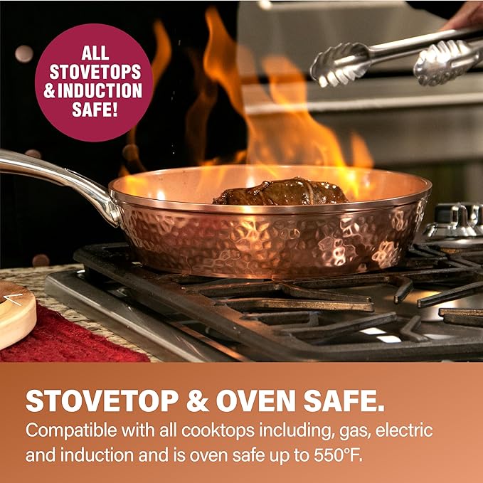 Gotham Steel Hammered 15 Pc Ceramic Cookware Set Induction Pots and Pans Set Non Stick with Cooking Utensils &amp Steamer Non Toxic Ceramic &amp Titanium Coating PFOA PFOS Free Oven &amp Dishwas