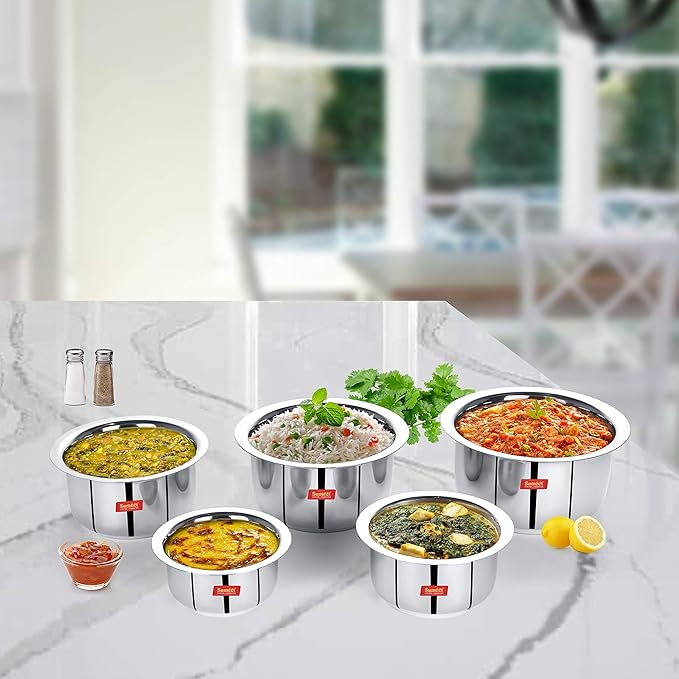 Sumeet Stainless Steel Friendly Tope/patila/cookware 370ML 550ML 800ML 1100ML1400ML 5 Piece (Steel)