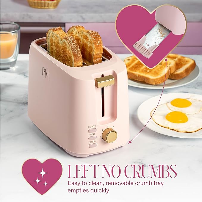 Paris Hilton 2-Slice Toaster Extra-Wide Slots 7 Browning Settings Bagel &amp Defrost Functions Removable Crumb Tray Pink