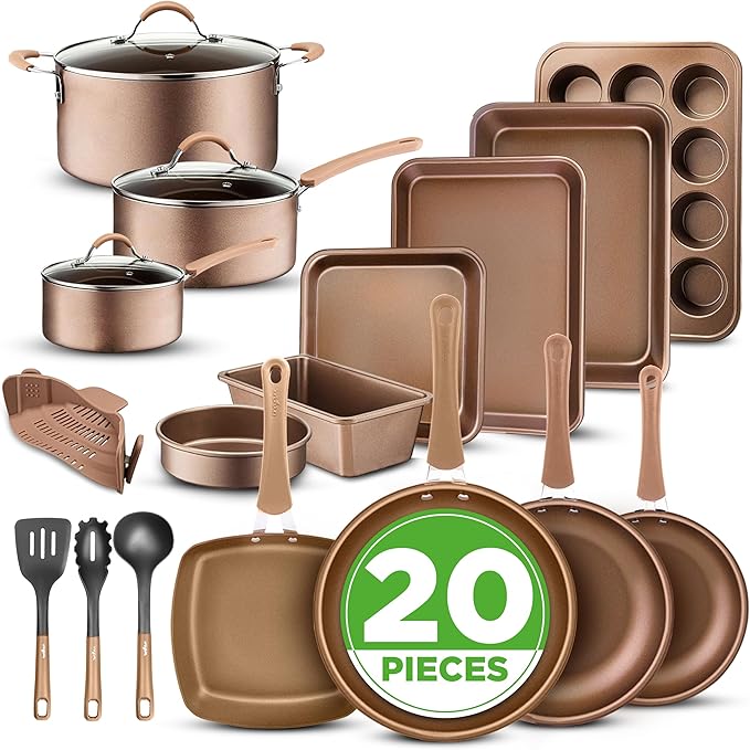 Nutrichef 20 Piece Professional Home Kitchen Cookware and Bakeware Pots and Pans Set Non Stick Kitchenware Cool-Touch Handles Non Toxic Safe for Gas Electric Induction Cooktops Easy Clean