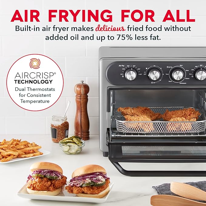 Dash Chef Series 7 in 1 Convection Toaster Oven Cooker Rotisserie + Electric Air Fryer with Non-stick Fry Basket Baking Pan &amp Rack Skewers Drip Tray &amp Recipe Book 23L Graphite