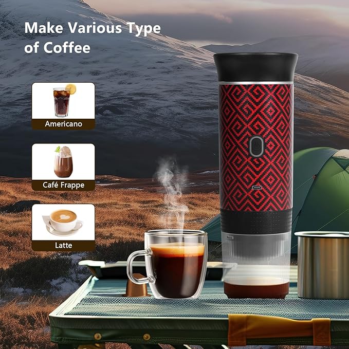Coffee Maker Gift Set for Travel Battery Powered Portable Electric Espresso Machine for Camping Rechargeable Coffee Maker Self Heating with Ground Coffee &amp Capsule for RV Hiking (Red mix Black)