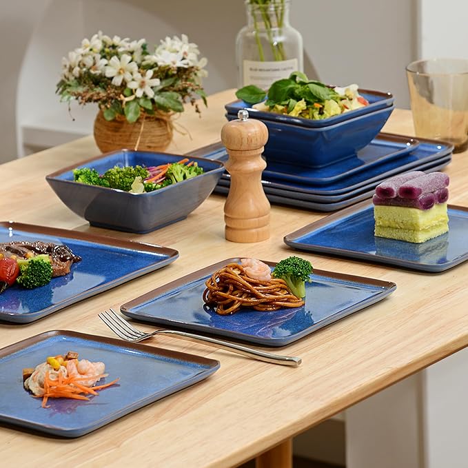 Melamine Dinnerware Sets 12 Pcs Square Plates and Bowls Sets of 4 Unbreakable Dishes Set for Outdoor Use Lightweight Dishware Set for CampingPatio and RV Dishwasher Safe Navy Blue