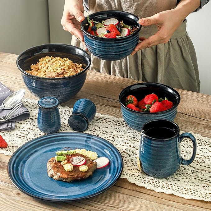 Hasense 12-Piece Porcelain Kitchen Dinnerware Set with Plates Bowls and Mugs Service for 4 Handmade Reactive Glaze Dishes Set Chip Resistant and Scratch Resistant Dishwasher Microwave Safe Blue