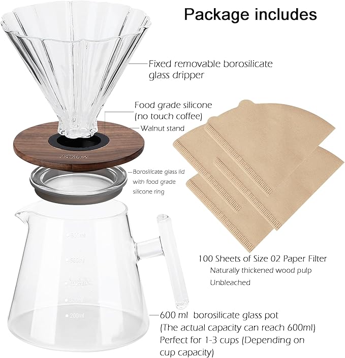 Pour Over Coffee Maker 20 oz Borosilicate Glass Set with 100 pcs Paper Filter Walnut Collar &amp Glass Lid Drip Coffee Maker 1-3 Cups Clear 600 ml Petal Shape