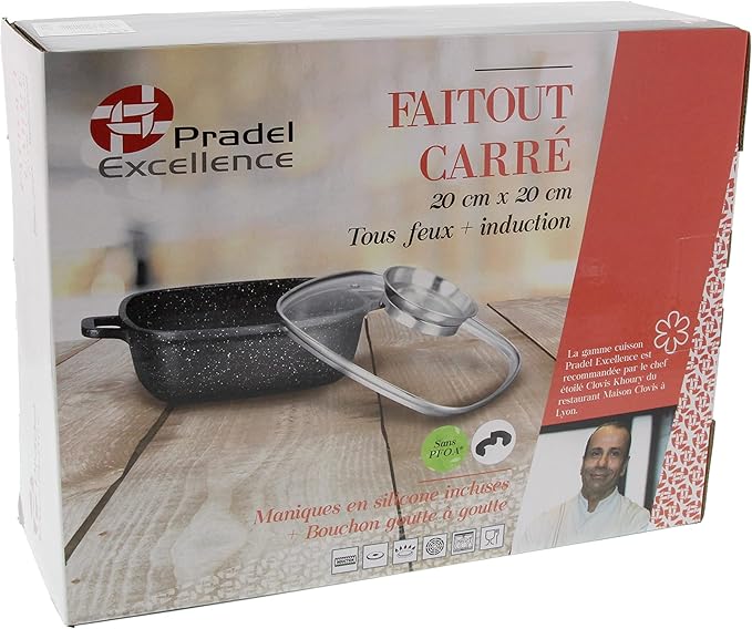Pradel Excellence - 20 x 20 cm Premium Dutch Oven - 2L - Cast Aluminium - Stone-like non-stick coating - Glass lid with stainless steel cap - Silicone handles - Suitable for all heat sources including