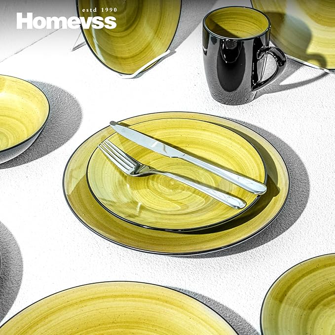 Sonoma 16 Piece Stoneware Dinner Set Outside Black + Inside Handpainted Color Green with Black speckle