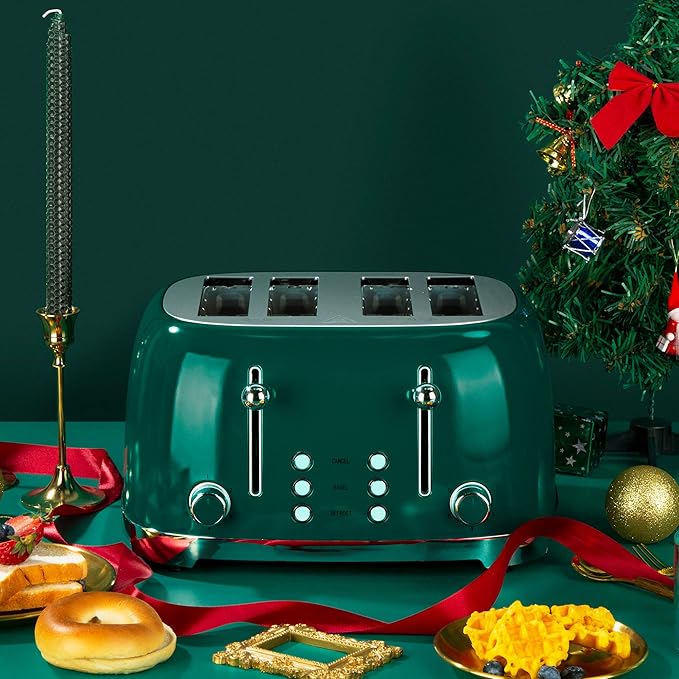 Roter Mond 4 Slice Toaster Retro Stainless Steel with Bagel Defrost Cancel Function 6 Browning Settings Extre Wide Slot and Removable Crumb Tray Green ST033