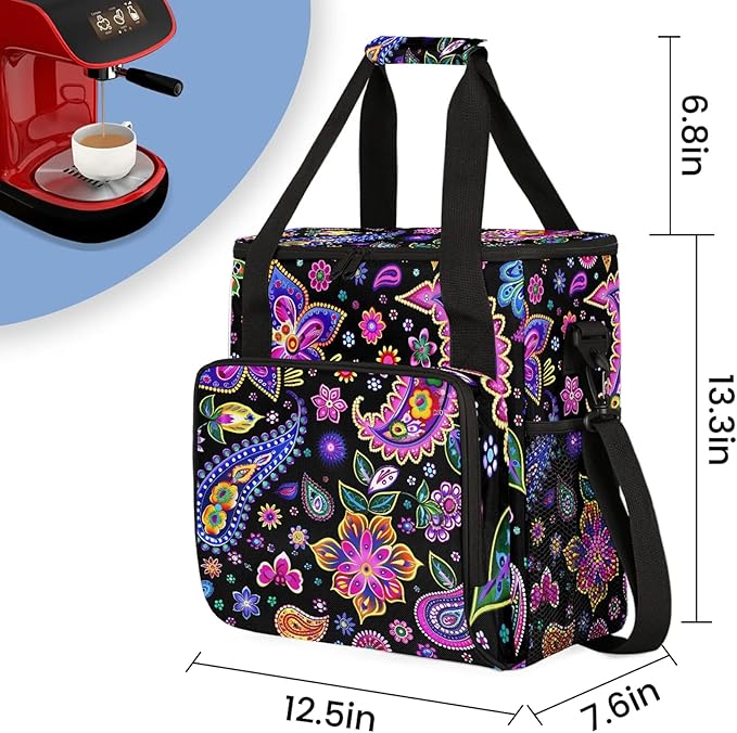 Paisley Floral Boho Travel Coffee Maker Carrying Bag Large Organizer Storage Tote Bag Insulated Reusable Cooler Grocery Bags