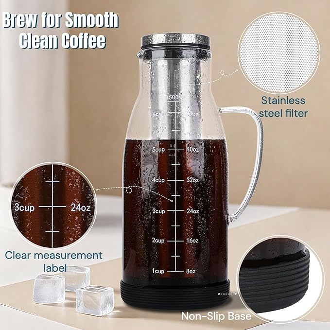 Airtight Cold Brew Coffee Maker Pitcher 51oz Glass Iced Coffee Maker Pitcher with Removable Stainless Steel Filter and Non-Slip Base 1.5L Iced Tea Maker