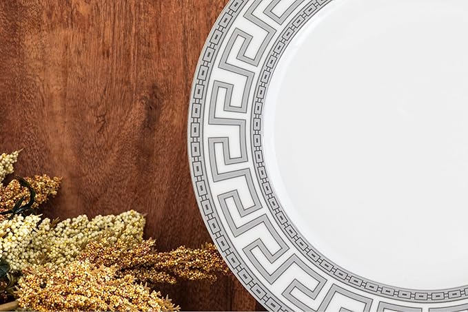 Dinnerware Set for 8-49 Piece Vintage Porcelain Dish Set - White and Silver Greek Key Design - Luxurious Tableware - For Everyday Use or Formal Occasions (Meander Silver 2049)