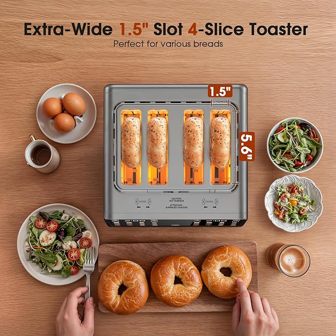 4 Slice Toaster Wide Slot– Dual Digital TouchScreen &amp Independent Control Panel | Single-Slice Modes/Reheat/Defrost | 1800W Stainless Steel Toaster for Bagels &amp Artisan Bread