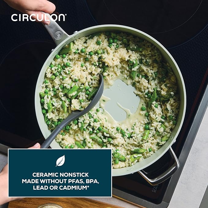Circulon Halo with LaserDefense Ceramic Nonstick Saute Pan with Helper Handle and Lid Made without PFAS Compatible with All Stovetops Dishwasher and Oven Safe 5 Quart Multipurpose Pan - Sage